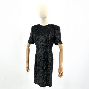 Vintage 80s Stenay Black Beaded Sequin Shoulder Pad Cocktail Dress